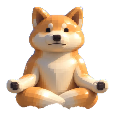 Yogi Inu, a voxel shiba sitting cross-legged in a calm meditation pose