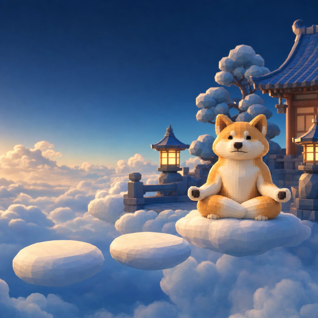Yogi Inu meditating on a cloud beside a lantern-lit sky temple at dusk